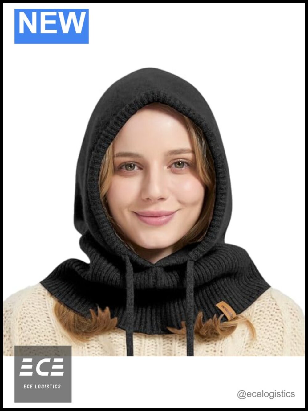 100% Merino Wool Balaclava Knit Hooded Scarf Winter Hat Adult One Size